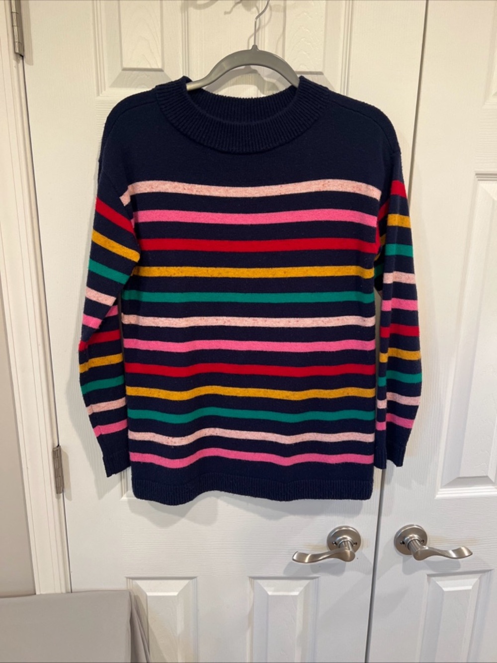 Talbots Navy Striped Crewneck Sweater with Multicolor Bands